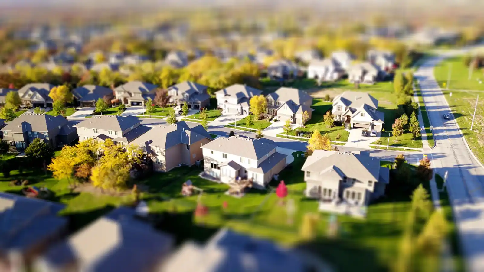 A residential neighbourhood with green lawns
